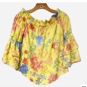 🌸. Sweet Pea Yellow Floral Ruffle Blouse